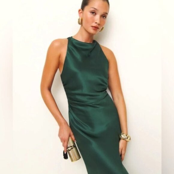 NEW Reformation Anaiis Long Silk Dress Forest Dark Green | size 0 - Picture 1 of 15